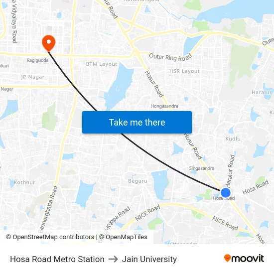 Hosa Road Metro Station to Jain University map