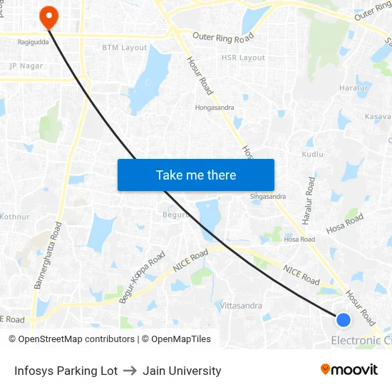 Infosys Parking Lot to Jain University map