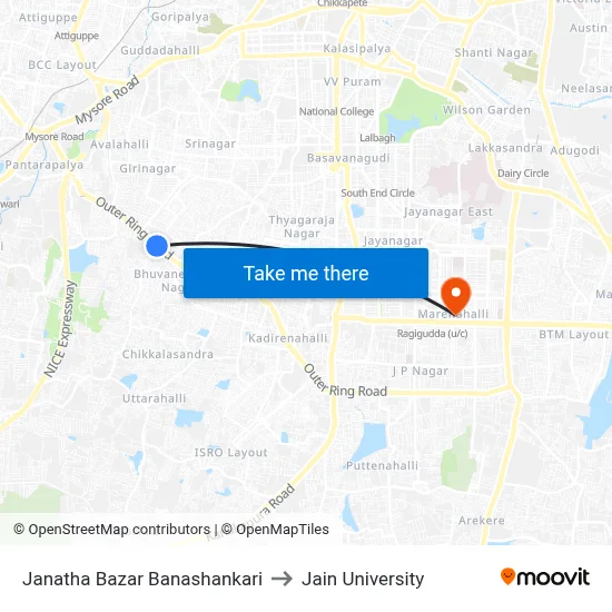 Janatha Bazar Banashankari to Jain University map