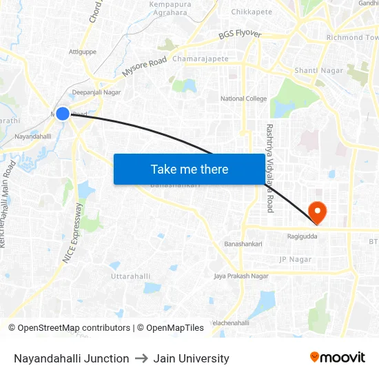Nayandahalli Junction to Jain University map