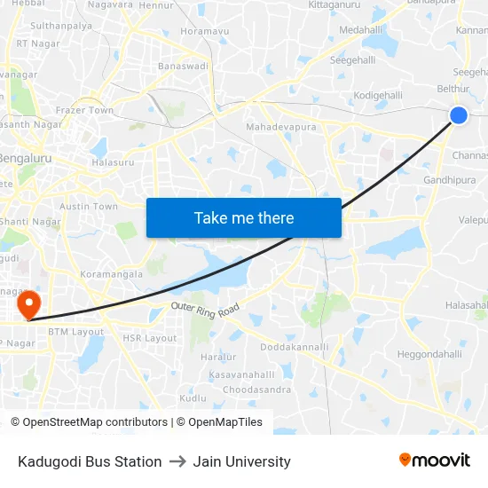 Kadugodi Bus Station to Jain University map