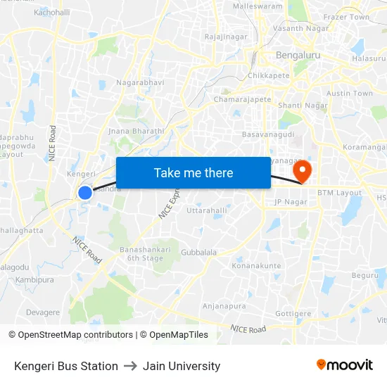 Kengeri Bus Station to Jain University map