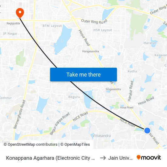 Konappana Agarhara (Electronic City Metro Station) to Jain University map