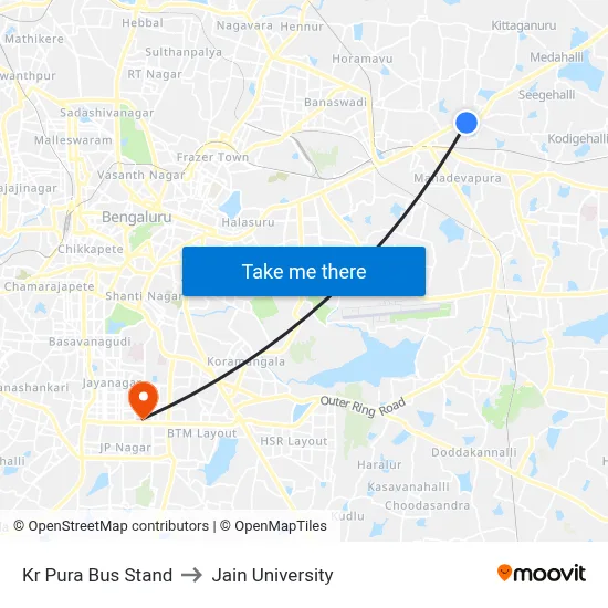 Kr Pura Bus Stand to Jain University map