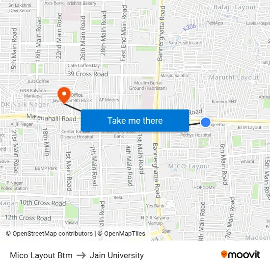 Mico Layout Btm to Jain University map