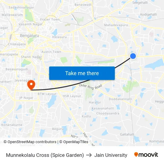 Munnekolalu Cross (Spice Garden) to Jain University map