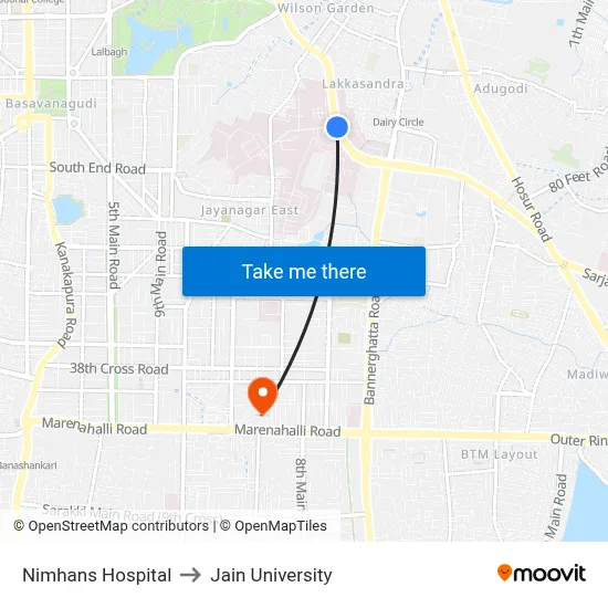 Nimhans Hospital to Jain University map