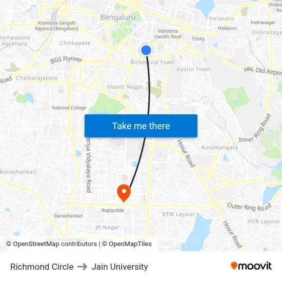 Richmond Circle to Jain University map