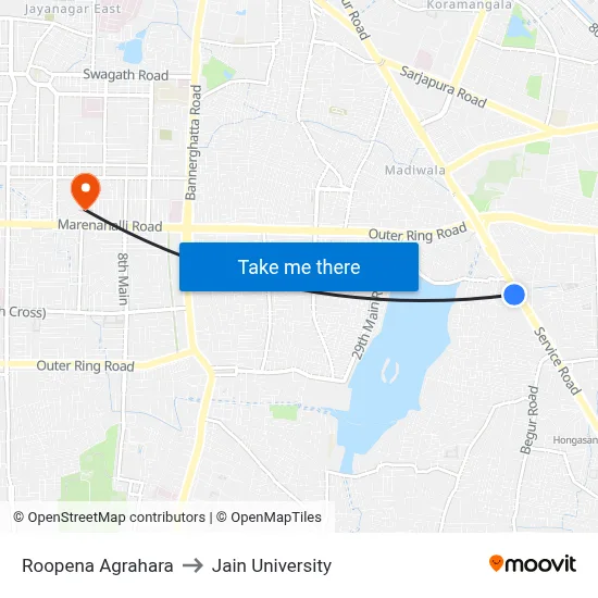 Roopena Agrahara to Jain University map