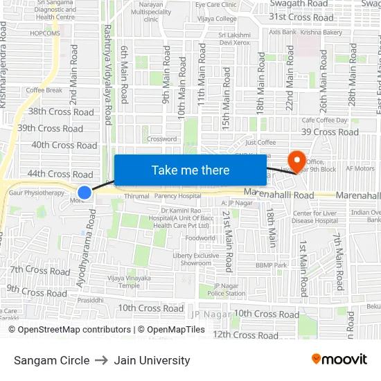 Sangam Circle to Jain University map