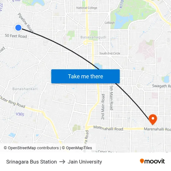 Srinagara Bus Station to Jain University map