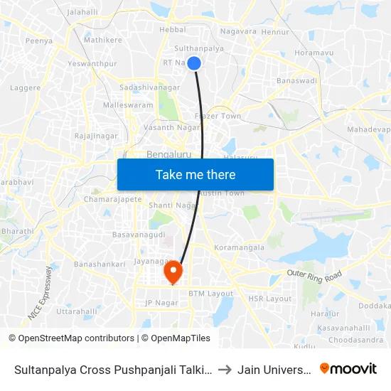 Sultanpalya Cross Pushpanjali Talkies to Jain University map