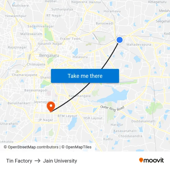 Tin Factory to Jain University map