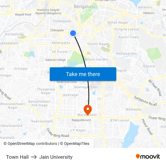 Town Hall to Jain University map