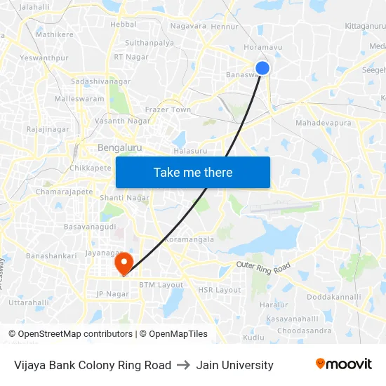 Vijaya Bank Colony Ring Road to Jain University map