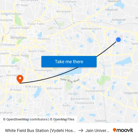 White Field Bus Station (Vydehi Hospital) to Jain University map