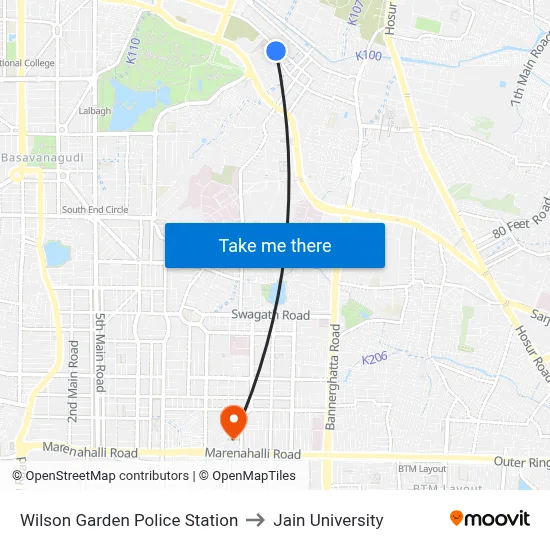 Wilson Garden Police Station to Jain University map