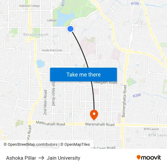 Ashoka Pillar to Jain University map