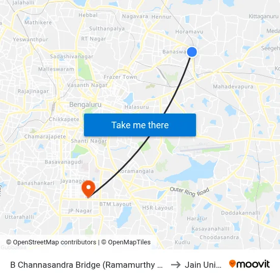 B Channasandra Bridge (Ramamurthy Nagara Ring Road) to Jain University map