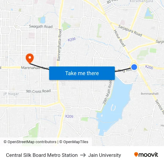 Central Silk Board Metro Station to Jain University map