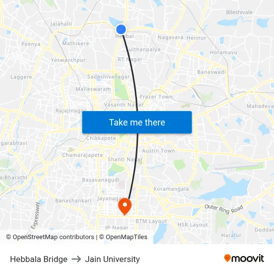 Hebbala Bridge to Jain University map
