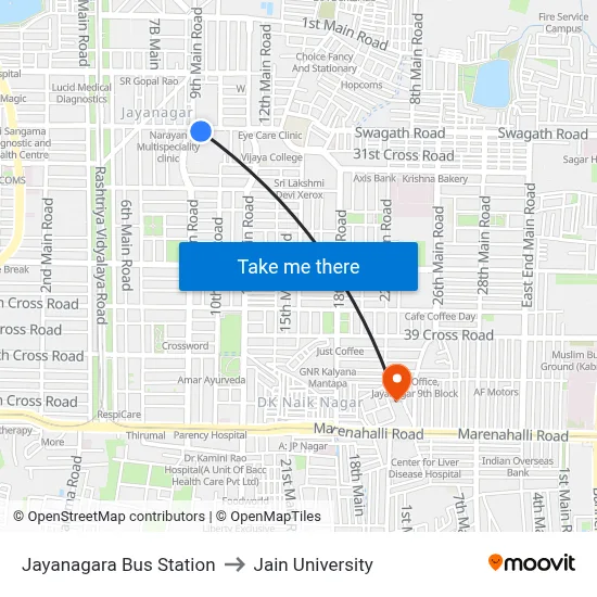Jayanagara Bus Station to Jain University map