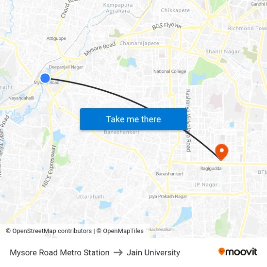 Mysore Road Metro Station to Jain University map
