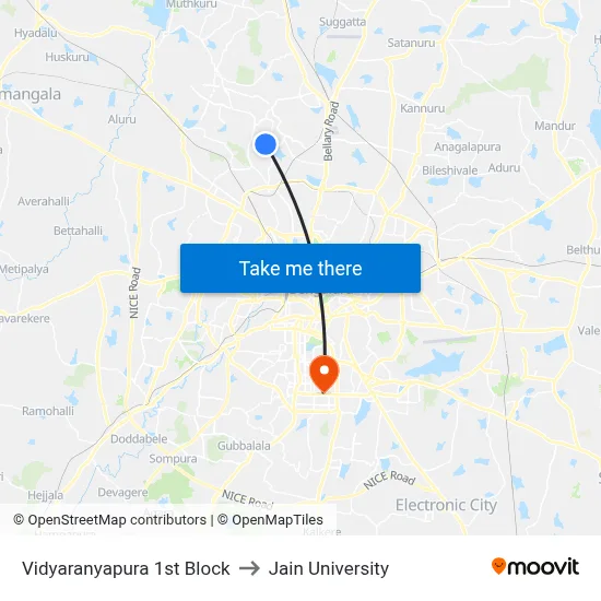 Vidyaranyapura 1st Block to Jain University map