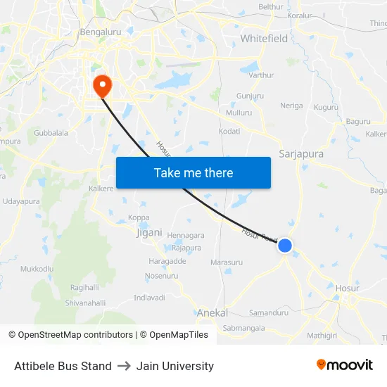 Attibele Bus Stand to Jain University map