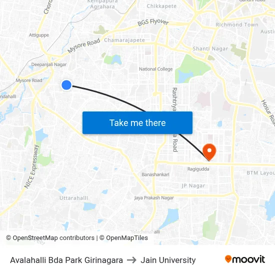 Avalahalli Bda Park Girinagara to Jain University map