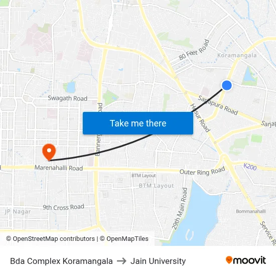 Bda Complex Koramangala to Jain University map