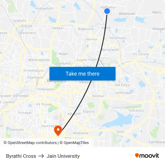 Byrathi Cross to Jain University map