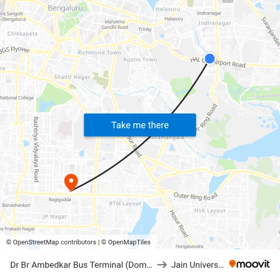 Dr Br Ambedkar Bus Terminal (Domlur) to Jain University map