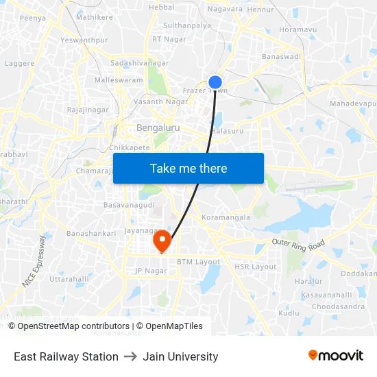 East Railway Station to Jain University map