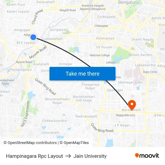 Hampinagara Rpc Layout to Jain University map