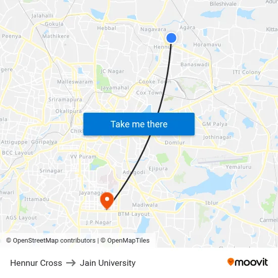 Hennur Cross to Jain University map