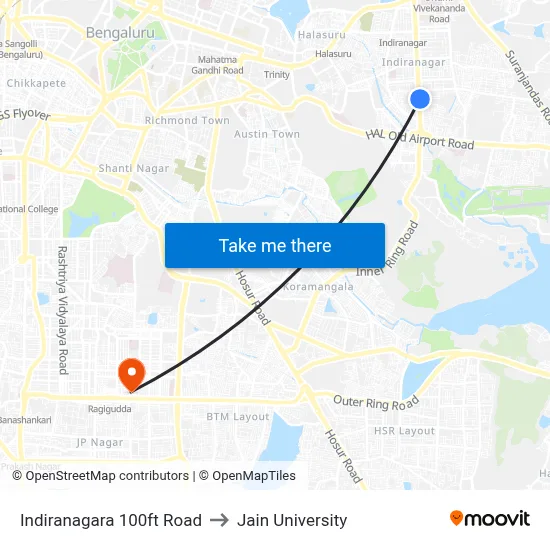 Indiranagara 100ft Road to Jain University map