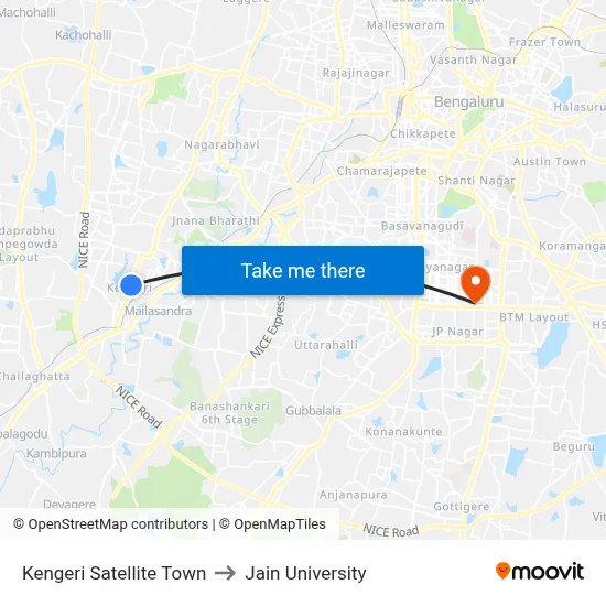 Kengeri Satellite Town to Jain University map