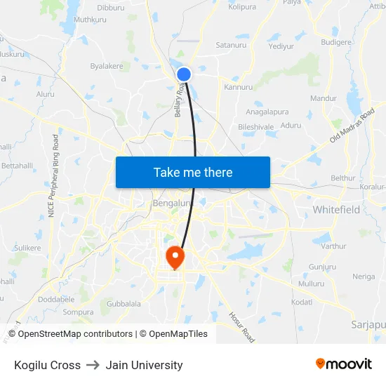 Kogilu Cross to Jain University map