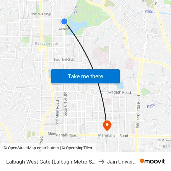 Lalbagh West Gate (Lalbagh Metro Station) to Jain University map