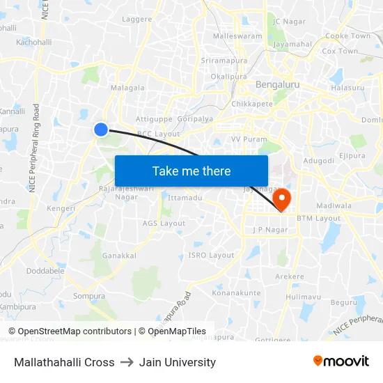 Mallathahalli Cross to Jain University map
