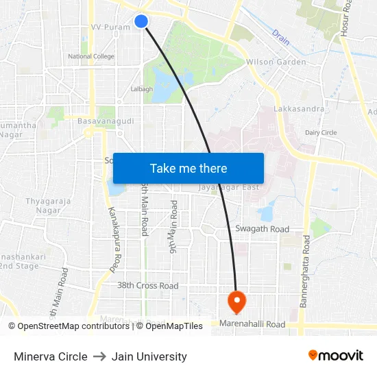 Minerva Circle to Jain University map