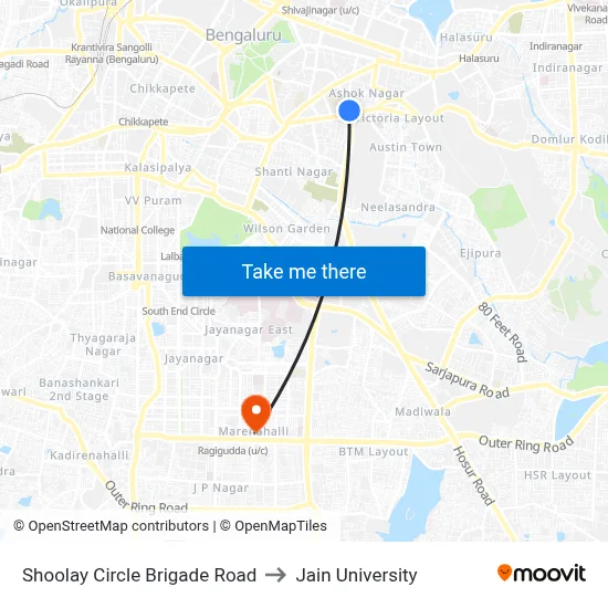 Shoolay Circle Brigade Road to Jain University map