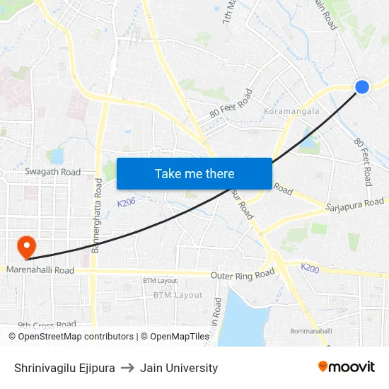 Shrinivagilu Ejipura to Jain University map
