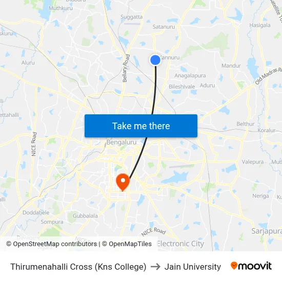 Thirumenahalli Cross (Kns College) to Jain University map