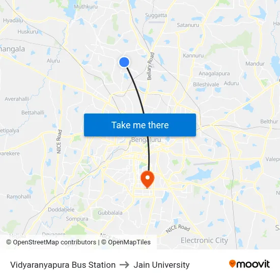 Vidyaranyapura Bus Station to Jain University map
