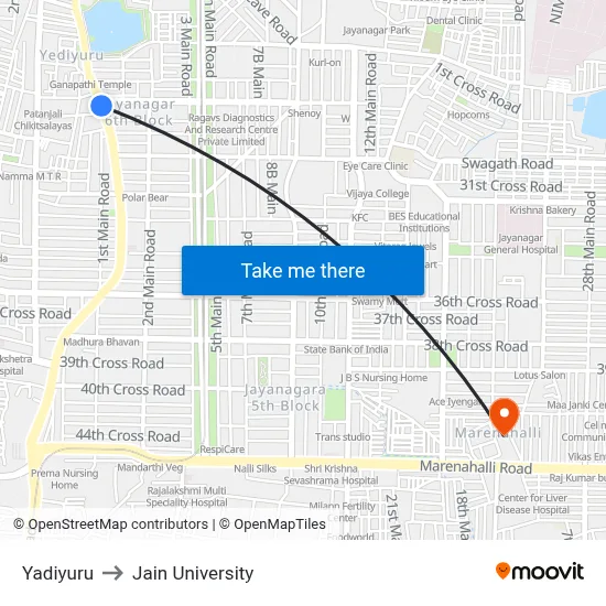 Yadiyuru to Jain University map