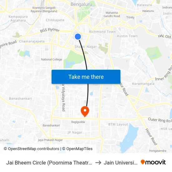 Jai Bheem Circle (Poornima Theatre) to Jain University map