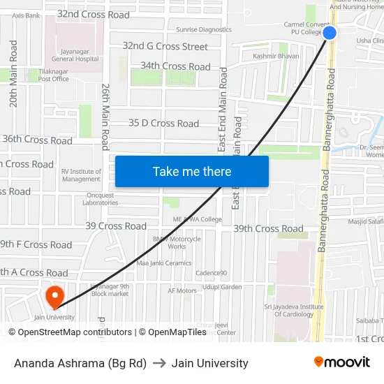 Ananda Ashrama (Bg Rd) to Jain University map