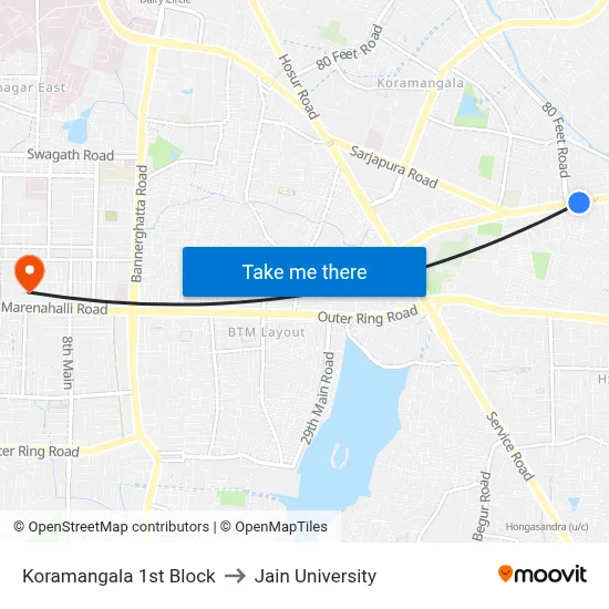 Koramangala 1st Block to Jain University map